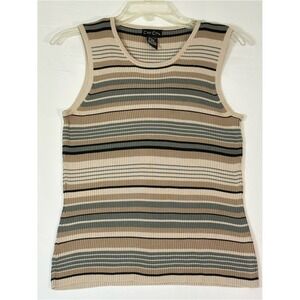 100% Silk Knit Tank Top Striped Neutral Sleeveless Lightweight Size L